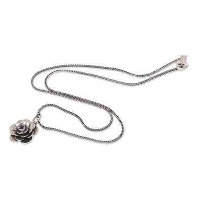 Amethyst flower necklace, 'Holy Lotus' - Artisan Crafted Silver and Amethyst Flower Necklace