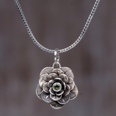 Peridot flower necklace, 'Holy Lotus' - Sterling Silver and Peridot Pendant Necklace
