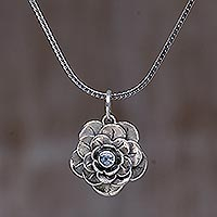 Blue topaz flower necklace, 'Holy Lotus' - Handcrafted Floral Silver and Blue Topaz Necklace
