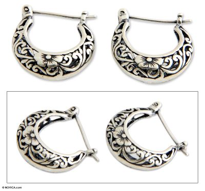 Sterling silver flower earrings, 'Moonlit Frangipani' - Fair Trade Floral Sterling Silver Hoop Earrings