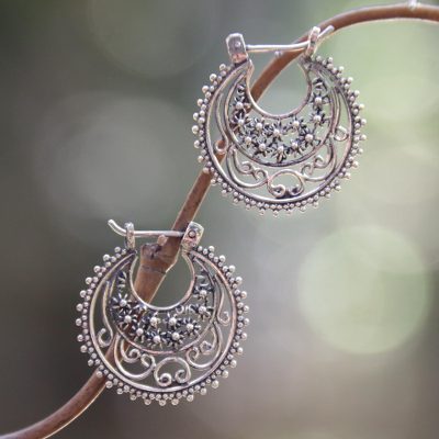 Sterling silver hoop earrings, 'Moonlit Stars' - Floral Sterling Silver Hoop Earrings