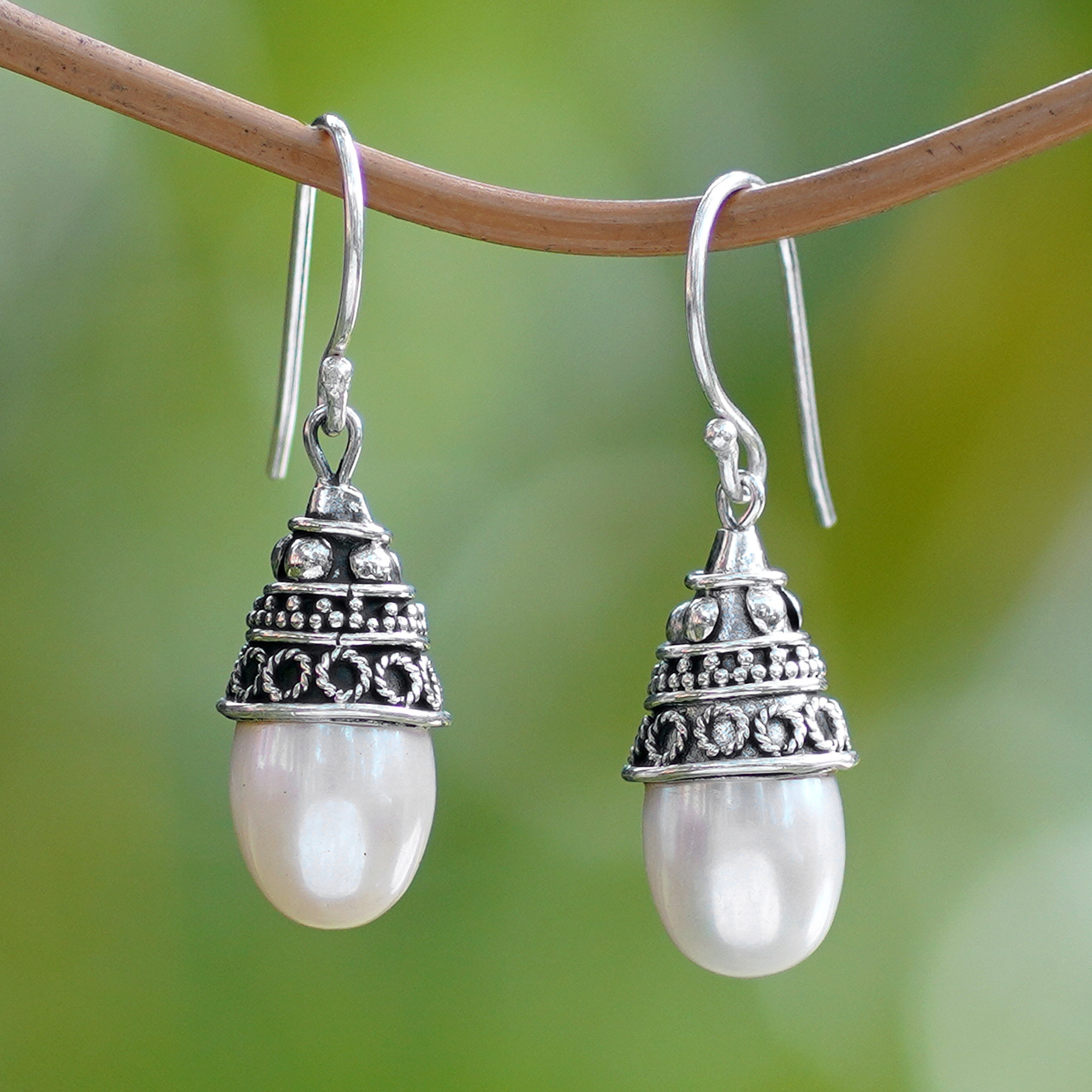 Sterling Silver and Pearl Dangle Earrings - Mystic Bells | NOVICA