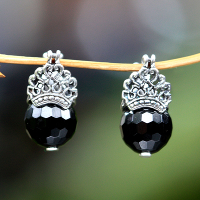 Onyx drop earrings, 'Bali Majesty' - Sterling Silver and Onyx Drop Earrings