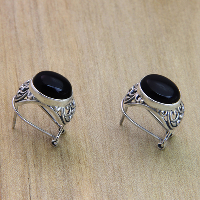 Onyx button earrings, 'Midnight Bower' - Handmade Sterling Silver and Onyx Earrings