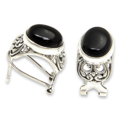 Onyx button earrings, 'Midnight Bower' - Handmade Sterling Silver and Onyx Earrings
