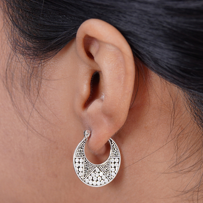 Sterling silver hoop earrings, 'Crescent' - Hand Crafted Sterling Silver Hoop Earrings