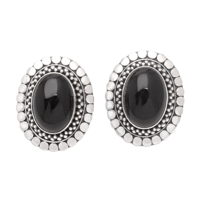 Onyx button earrings, 'Island Aura' - Sterling Silver and Onyx Button Earrings
