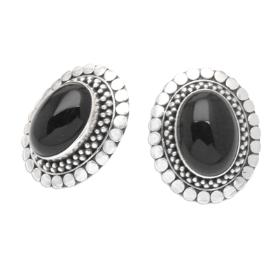 Onyx button earrings, 'Island Aura' - Sterling Silver and Onyx Button Earrings