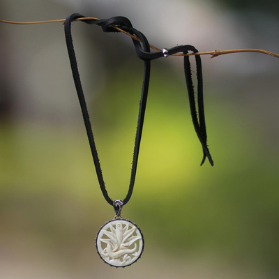 Leather and cow bone pendant necklace, 'Gecko's Bloom' - Leather and cow bone pendant necklace