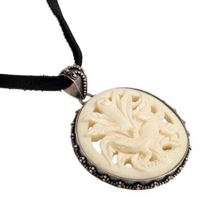 Leather and cow bone pendant necklace, 'Gecko's Bloom' - Leather and cow bone pendant necklace