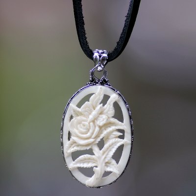 Leather and cow bone flower necklace, 'Butterfly Rose' - Leather and cow bone flower necklace
