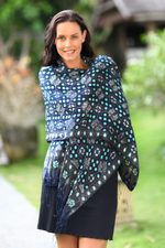 Silk batik shawl, 'Royal Art' - Blue Batik Silk Patterned Shawl