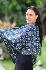 Silk batik shawl, 'Royal Art' - Blue Batik Silk Patterned Shawl