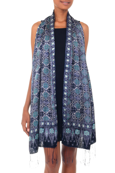 Silk batik shawl, 'Royal Art' - Blue Batik Silk Patterned Shawl