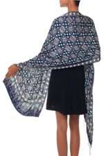 Silk batik shawl, 'Royal Art' - Blue Batik Silk Patterned Shawl