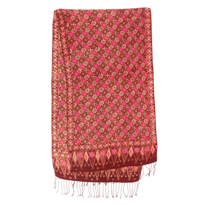 Silk batik shawl, 'Java Crimson Court' - Red Silk Batik Shawl Wrap