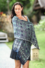 Silk batik shawl, 'Java Starlight' - Fair Trade Batik Silk Patterned Blue Shawl