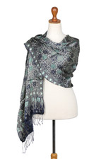 Silk batik shawl, 'Java Starlight' - Fair Trade Batik Silk Patterned Blue Shawl