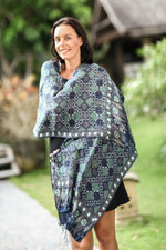 Silk batik shawl, 'Java Starlight' - Fair Trade Batik Silk Patterned Blue Shawl