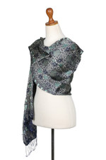 Silk batik shawl, 'Java Starlight' - Fair Trade Batik Silk Patterned Blue Shawl