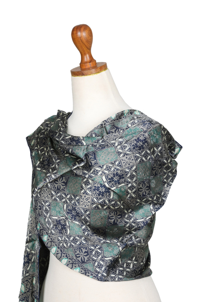 Silk batik shawl, 'Java Starlight' - Fair Trade Batik Silk Patterned Blue Shawl