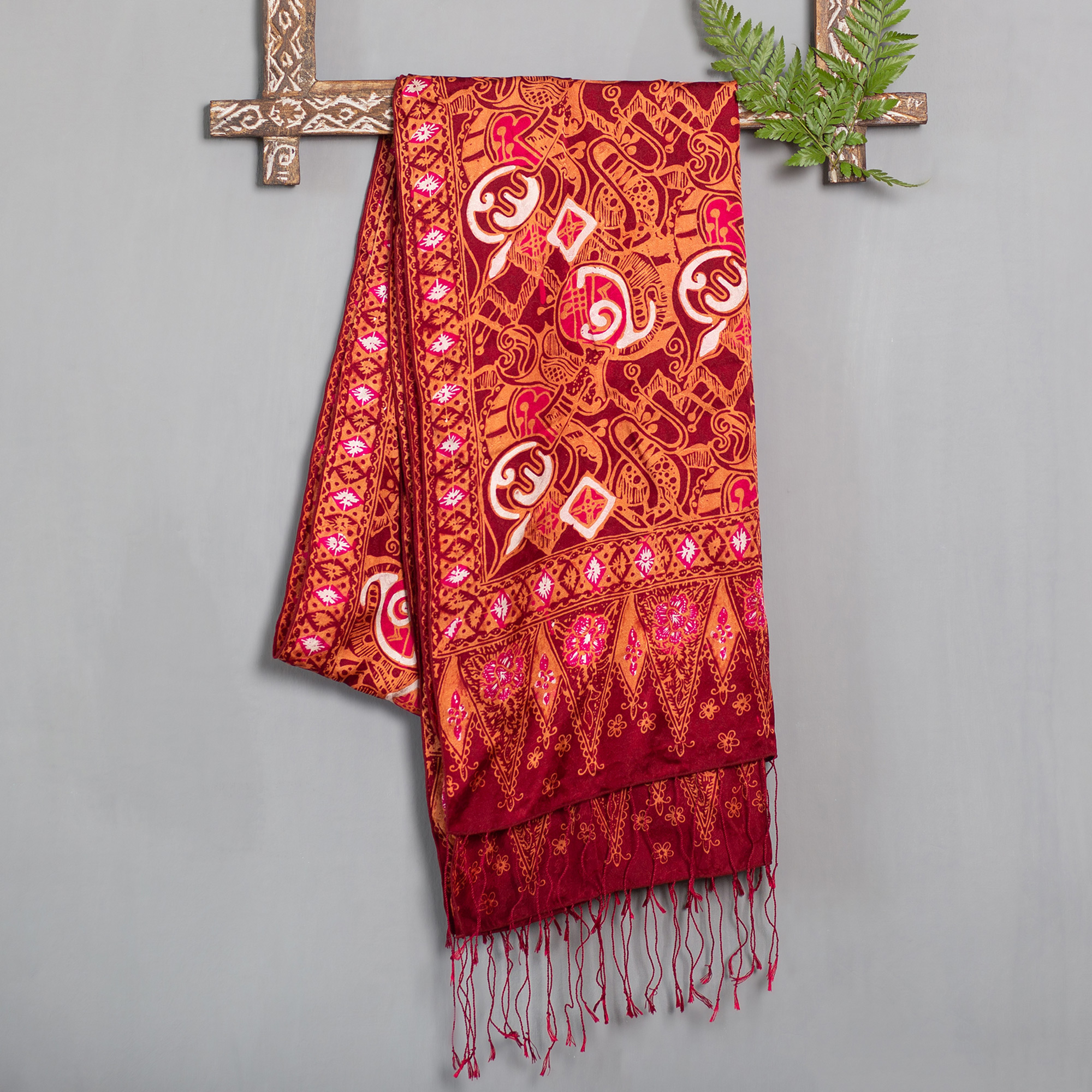 Handmade Silk Batik Shawl - Red Modern Art | NOVICA