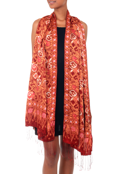 Silk batik shawl, 'Red Modern Art' - Handmade Silk Batik Shawl 