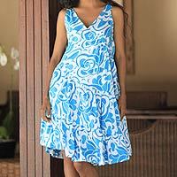 Cotton batik dress, 'Balinese Sea' - Hand Crafted Batik Cotton Dress with Tiered Ruffles