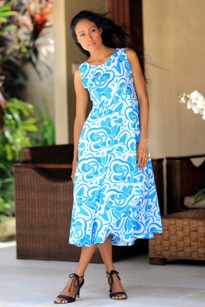 Hand Crafted Balinese Batik Cotton Summer Dress - Bali Blue | NOVICA