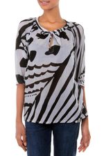 Cotton batik blouse, 'Island Life' - Batik Cotton Patterned Blouse in Black and White