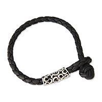 Sterling silver and leather braided bracelet, 'Sanur Woman' - Hand Crafted Leather and Silver Bracelet