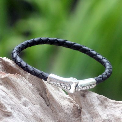 Leather braided bracelet, 'Pulse' - Sterling Silver and Braided Leather Bracelet