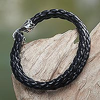Men's leather braided bracelet, 'Warrior' - Braided Black Leather Men's Bracelet