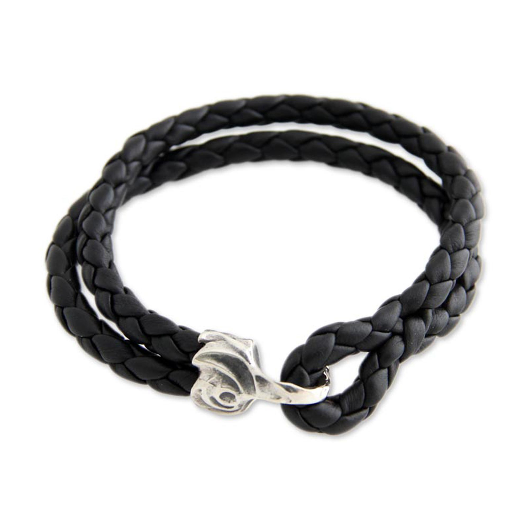 Men's Black Leather Bracelet - Warrior | NOVICA