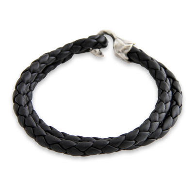Men's Black Leather Bracelet - Warrior | NOVICA
