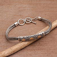 Sterling silver wristband bracelet, 'Majapahit Princess' - Sterling Silver and Gold Accent Chain Bracelet