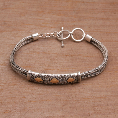 Sterling silver wristband bracelet, 'Majapahit Princess' - Sterling Silver and Gold Accent Chain Bracelet