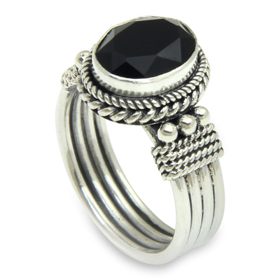 Onyx crown ring, 'Bali Glow' - Sterling Silver and Onyx Ring