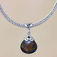 Smoky quartz pendant necklace, 'Borobudur Petal' - Unique Sterling Silver and Smoky Quartz Necklace