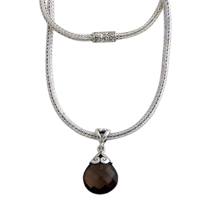 Smoky quartz pendant necklace, 'Borobudur Petal' - Unique Sterling Silver and Smoky Quartz Necklace