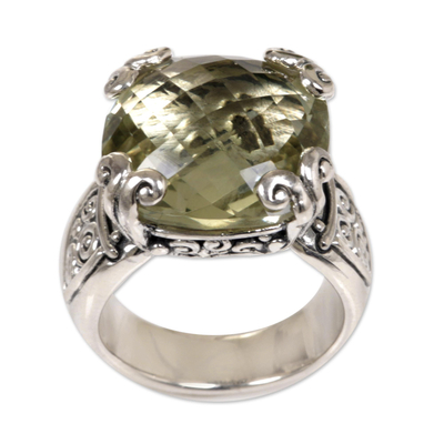 Prasiolite cocktail ring, 'Glistening Borobudur' - Sterling Silver and Prasiolite Cocktail Ring