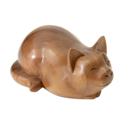 Wood sculpture, 'Kitty Cat Bliss' - Carved Wood Animal Sculpture