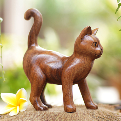 Wood sculpture, 'Guardian Cat' - Wood Sculpture from Indonesia