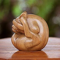 Wood sculpture, 'Yogi Cat' - Fair Trade Indonesian Wood Yoga Sculpture