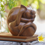 Wood sculpture, 'Yogi Cat' - Indonesian Wood Yoga Sculpture