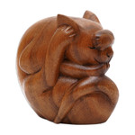 Wood sculpture, 'Yogi Cat' - Indonesian Wood Yoga Sculpture