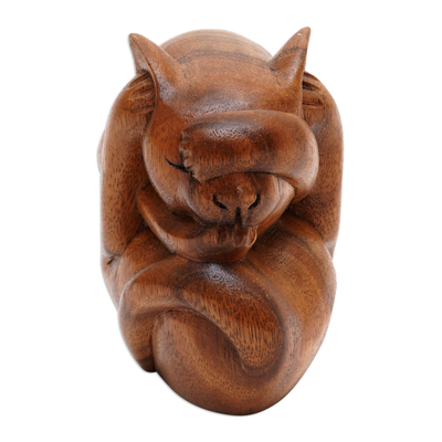 Wood sculpture, 'Yogi Cat' - Indonesian Wood Yoga Sculpture
