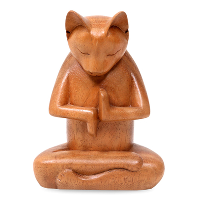 Wood sculpture, 'Full Lotus Cat' - Wood sculpture