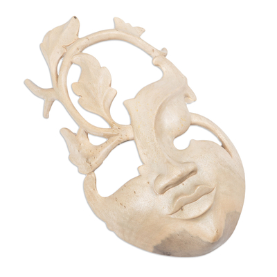 Wood mask, 'Blossoming Smile' - Handcrafted Indonesian Wood Mask
