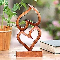 Suar Wood Heart Sculpture, 'Upside Down Love' - Hand Carved Suar Wood Sculpture